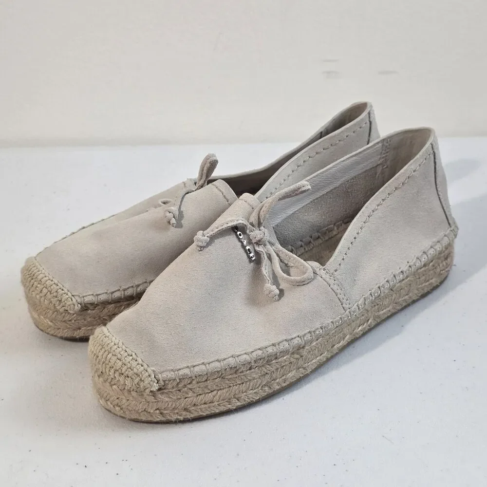 Coach Women Rae Cream Suede Espadrille Flats Size 5B Slip On Shoes Casual Bow